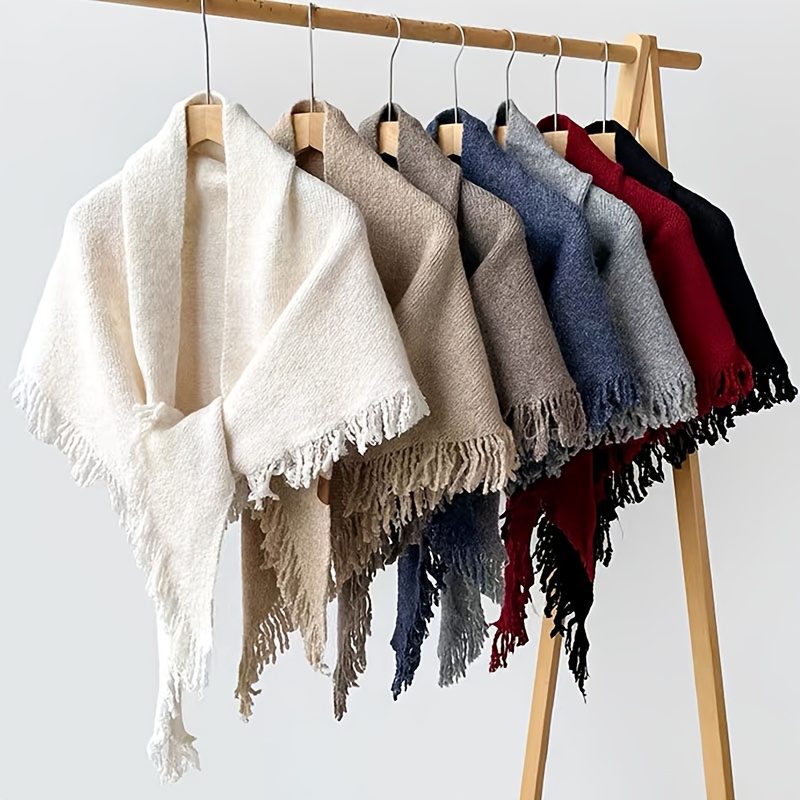 Fringed Triangle Shawl, Solid Color Scarf for Autumn/Winter